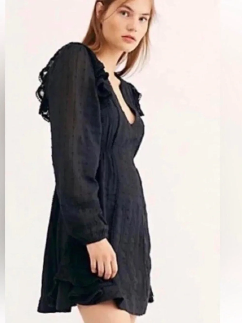 Free People Black Ruffle Long-Sleeve Mini Dress